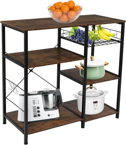 Miniatura 5 de Estante industrial para hornear de cocina con 5 ganchos y cesta de tirar, estante de almacenamiento para microondas, organizador de estación