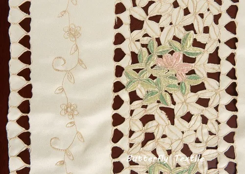 Miniatura 2 de Mantel rectangular de lino de encaje floral bordado beige grande de 70 x 90 pulgadas
