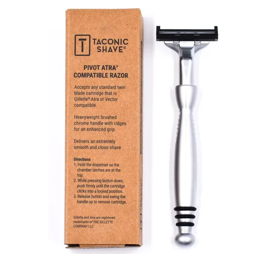 Miniatura 7 de Taconic - Maquinilla de afeitar cromada pesada de metal – Gillette® Atra-Compatible con doble hoja con 10 cuchillas Pivot Plus Personna, agarre