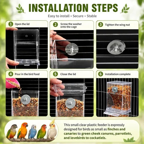 Miniatura 7 de Rypet Comedero Automático para Pájaros Sin Desorden Contenedor de Comida Transparente Jaula Comedero de Acrílico para Loros Accesorios para Pájaros