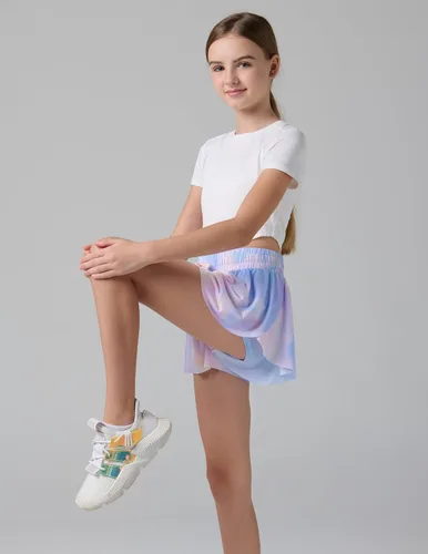 Miniatura 72 de Paquete de 3 pantalones cortos fluidos para niñas con forro de elastano, 2 en 1, faldas de mariposa para jóvenes, para fitness, correr, deportes