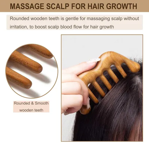 Miniatura 5 de Peine de dientes anchos para desenredar el cabello grueso, masajeador de cuero cabelludo de madera para cuero cabelludo Gua Sha, sándalo verde