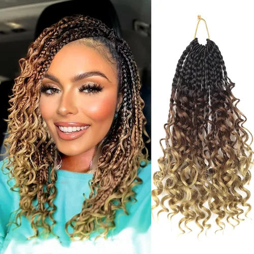 Miniatura 80 de Goddess Box Braids - Trenzas de cabello a ganchillo con extremos rizados, trenzas de caja bohemianas de 16 pulgadas, trenzas de ganchillo, 8 1B-4-30