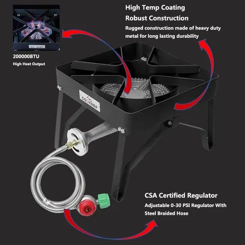 Miniatura 2 de COOKAMP Quemador de Propano de Alta Presión 200,000 BTU Banjo de 1 Quemador para Exterior con Regulador Ajustable de 0-30 PSI y Manguera de Acero