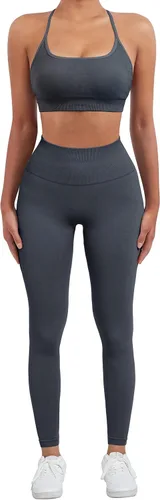 Miniatura 4 de SUUKSESS Conjuntos de entrenamiento sin costuras para mujer, sujetador deportivo con tiras y cintura alta, pantalones cortos