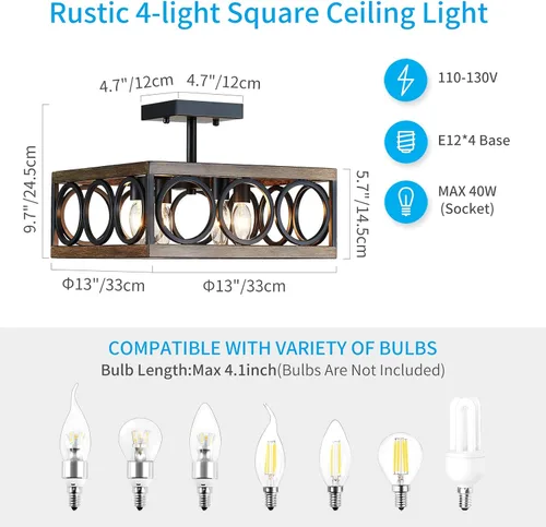 Miniatura 2 de XINGQI Moderna lámpara de techo semiempotrada de 4 luces de 13 pulgadas para sala de estar, comedor, dormitorio, grano de madera antigua+acabado
