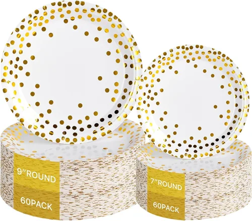 Lullaby 120 piezas de platos de papel blancos, platos de papel dorado desechables, 60 piezas de platos de cena de 9", 60 piezas de platos de postre