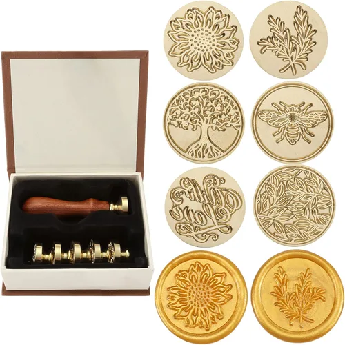 Juego de sellos de cera Yoption, 6 sellos de cera de cobre + 1 kit de sellos de cera de madera vintage retro clásico, kit de sello de cera de