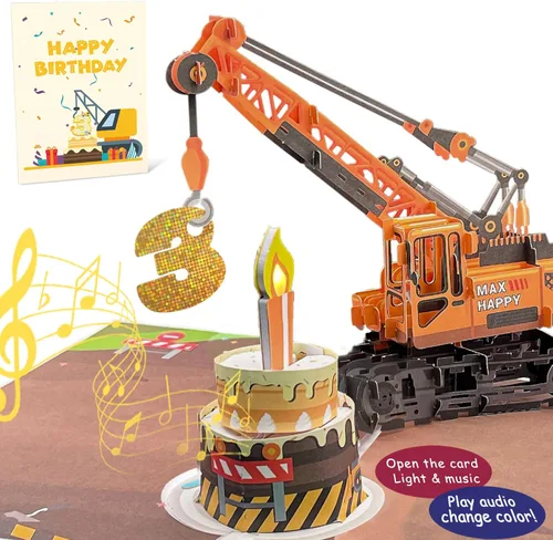 Miniatura 11 de Tarjeta de felicitación 3D de 4º cumpleaños con luz y música, tarjeta de camión grúa para niño, sobrino, nieto, hijo, niño pequeño, con sobre, 4th