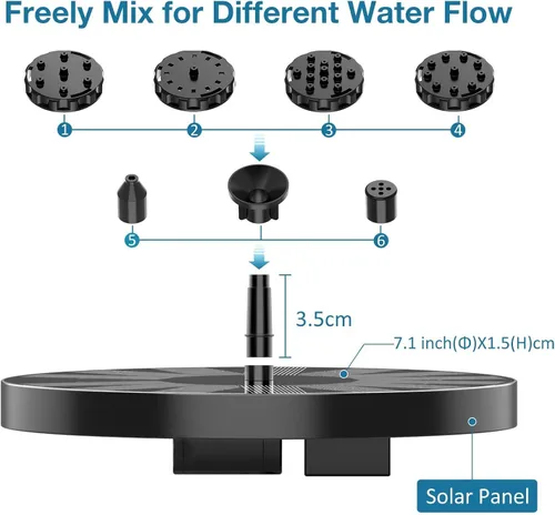 Miniatura 9 de Fuente solar flotante al aire libre 3.5W bomba solar de estanque con 6 boquillas para baño de pájaros, acuario, jardín, fuente (1 unidad)