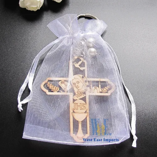 Miniatura 4 de 12 piezas de llavero de madera para la primera comunión para niños y niñas, Virgen María Recuerdos para Primera Comunión con bolsas de regalo, Marrón
