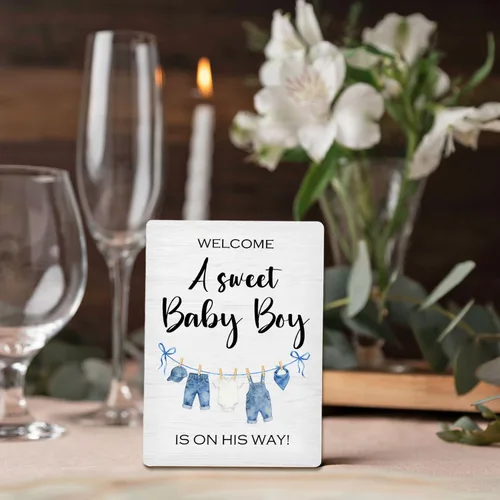 Miniatura 5 de Letrero azul de bienvenida para baby shower, mesa de ducha de niños y bebés, soporte de madera de 5 x 7 pulgadas, decoración de «A Sweet Baby Boy Is