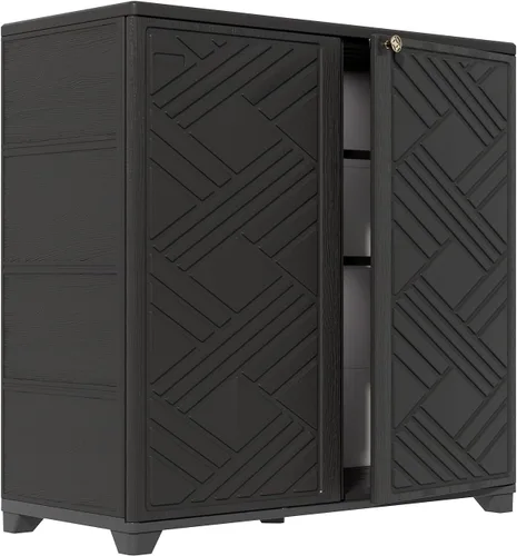 Miniatura 10 de HOMSPARK Armario de almacenamiento para interiores y exteriores con puertas y 1 estante, caja de almacenamiento de plástico HDPE de 34 x 15 x 34