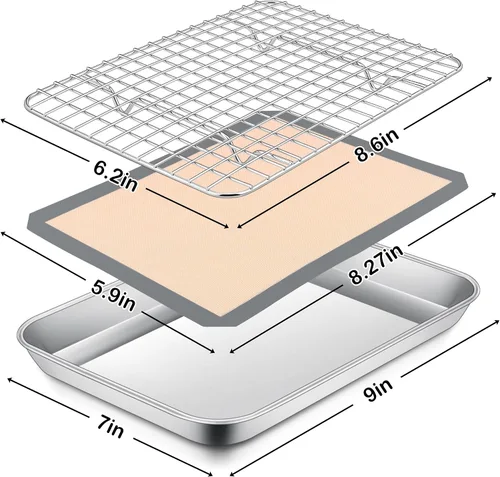 Miniatura 2 de P&P CHEF Bandeja para horno tostador de 9 x 7 x 1 pulgadas con rejilla y alfombrilla de silicona, bandeja para horno tostador de acero inoxidable