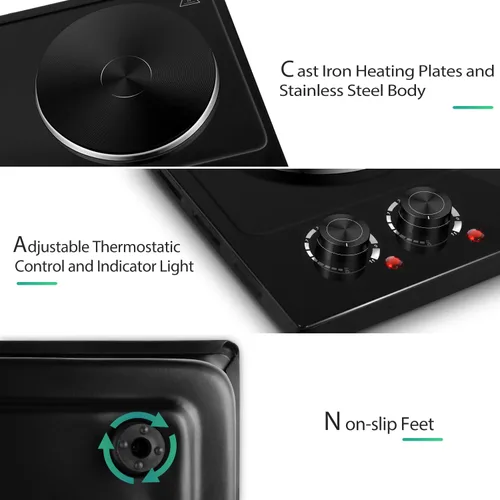 Miniatura 3 de CUSIMAX Placa caliente eléctrica de 1800 W, quemador doble de encimera para cocinar, quemador eléctrico portátil con control de temperatura Negro