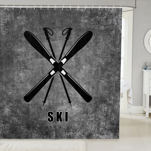 Cortina de ducha de esquí negro con teñido anudado gris para niños, niñas, adultos, decoración de habitación de esquí, deportes, juegos, cortina