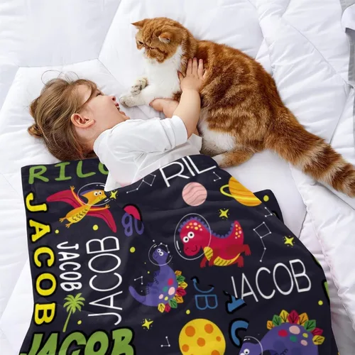 Miniatura 2 de YESCUSTOM Manta de dinosaurio para niños y niñas, manta personalizada de vellón con nombre para decoración de dormitorio de niños, sofá, coches