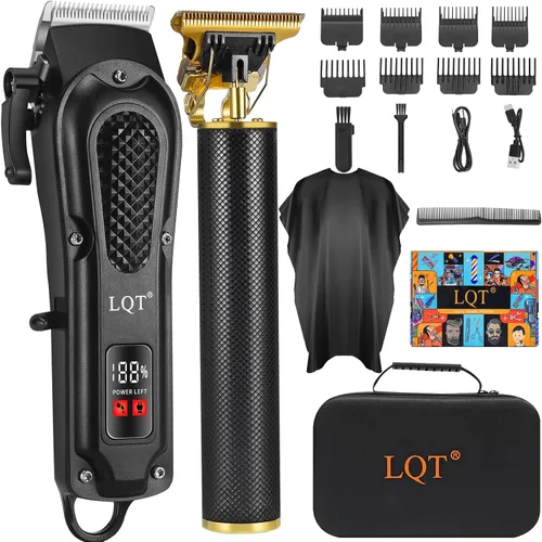 Miniatura 4 de LQT® Juego de cortapelos profesional para hombres, juego de cortapelos inalámbrico con tijeras - Negro
