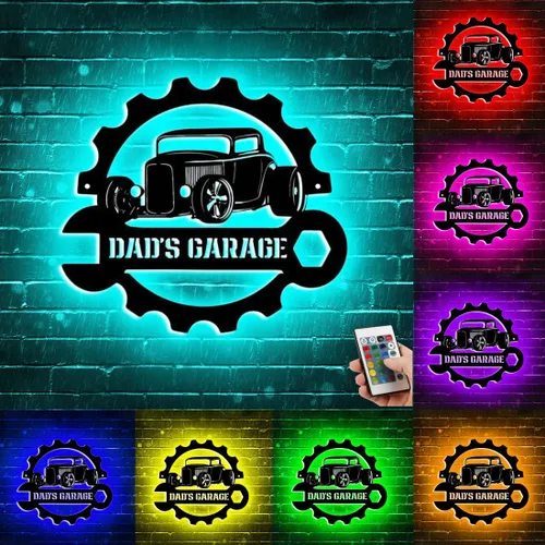 Miniatura 8 de Letrero de metal personalizado con nombre de luz LED para garaje para el día del padre, decoración de pared, caja de herramientas, letrero de metal