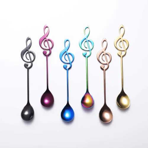 IRONX - Cucharas de notas musicales, paquete de 6 cucharaditas creativas y lindas cucharas de café de acero inoxidable 18/10 con forma de notación