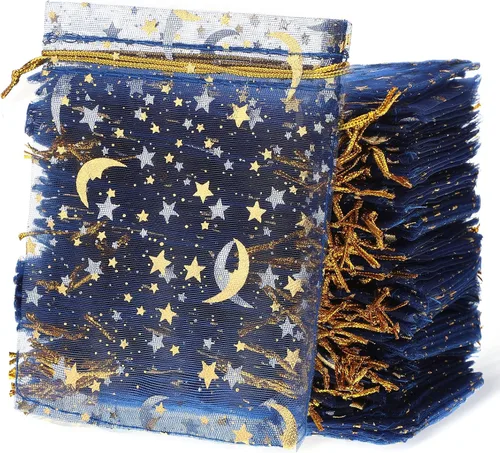 Miniatura 7 de Shappy 150 bolsas de organza con cordón, pequeñas estrellas y luna, bolsa de regalo de malla, bolsas de regalo de malla con estrellas doradas