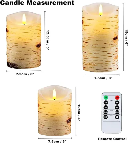 Miniatura 3 de Juego de 3 velas sin llama de corteza de abedul, velas parpadeantes de 4" 5" 6" operadas por baterías con control remoto, vela eléctrica con Abedul