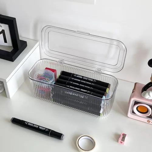 Organizador de bolígrafos transparente con tapa, caja de almacenamiento de accesorios de cajón de escritorio de plástico para oficina en casa y