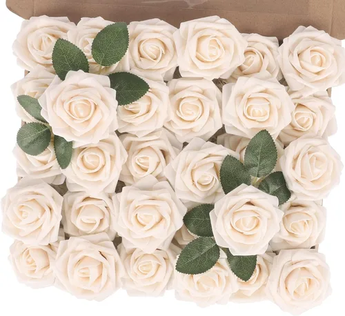 Miniatura 52 de MACTING 30 Rosas Artificiales Blancas Flores Falsas con Tallo Rosas de Espuma de Tacto Real para DIY Arreglos de Ramo de Boda Centros de Mesa White-1