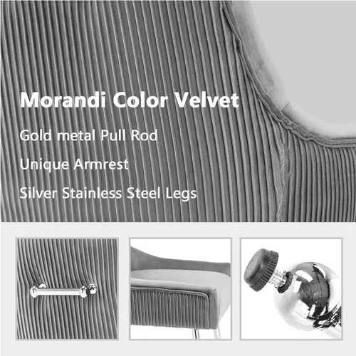 Miniatura 5 de adochr Juego de 6 sillas de comedor de terciopelo con patas de metal plateado, moderna silla de cocina tapizada con asa y respaldo plisado, silla