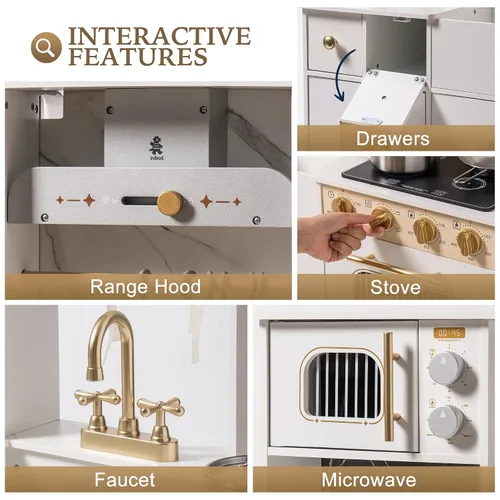 Miniatura 5 de ROBOTIME Cocina de juego de simulación para niños, cocina de juguete de madera con máquina de hielo, máquina de café, horno y accesorios - Divertido