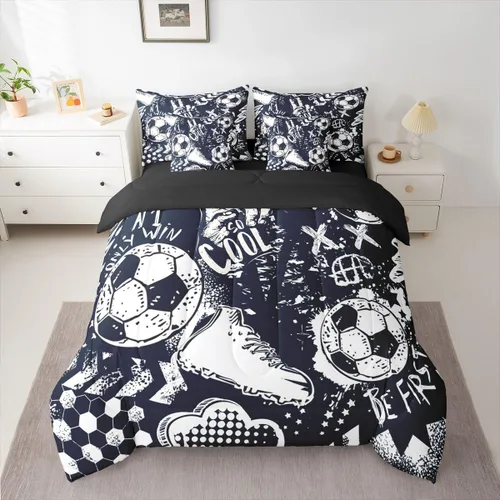 Miniatura 2 de Erosebridal Juego de edredón de tamaño individual para niños, cama de fútbol de 7 piezas en una bolsa, sábanas y fundas de almohada, juego de ropa
