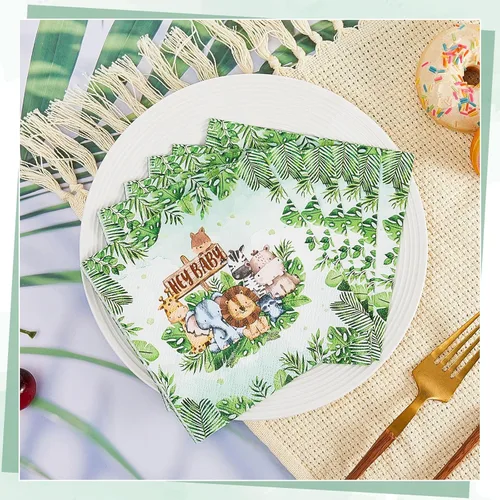 Miniatura 6 de Yeaqee 100 servilletas de baby shower de safari de la selva, servilletas de papel verde salvia, servilletas desechables de 3 capas de vegetación