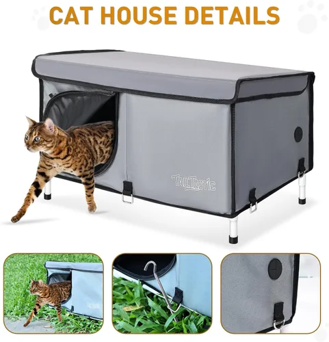Miniatura 5 de Casa para gatos al aire libre elevada, casa para gatos salvajes aislada al aire libre para invierno, cama para gatos impermeable con almohadón