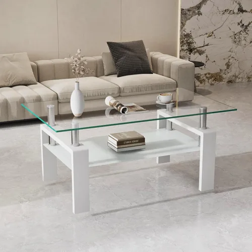 Mesa de café de cristal para sala de estar, mesa de café moderna con tapa de vidrio templado transparente y patas de metal blanco, mesa de té