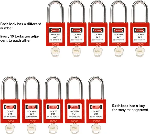 Miniatura 3 de Cerraduras de bloqueo con núcleo de latón, con llave diferente, 10 cerraduras de loto rojas, candados de seguridad compatibles con OSHA para kits