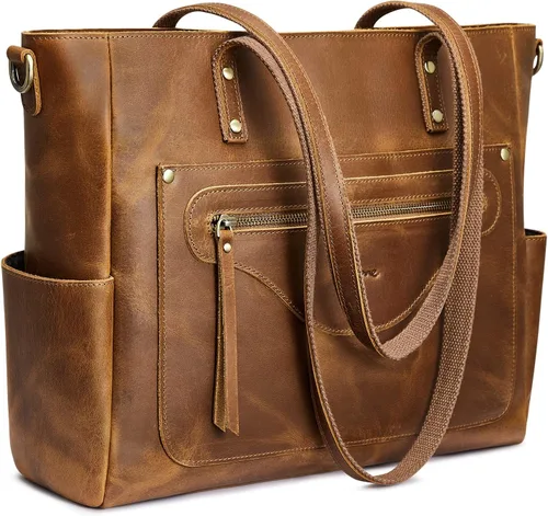 S-ZONE Bolso de mano de cuero genuino para mujer, bolso de hombro grande, bolso de trabajo cruzado vintage