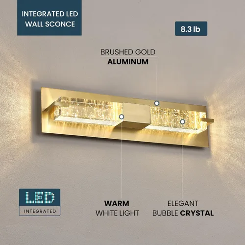 Miniatura 3 de WOSHITU Aplique de pared LED: apliques modernos dorados de 19 pulgadas, iluminación de pared, 3000 K, lámparas de pared de cristal regulables