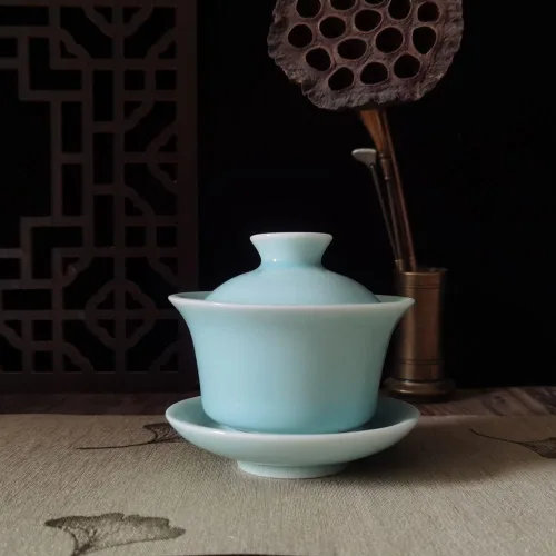 Miniatura 2 de Gaiwan Kung Fu - Juego de tazas de té y platillo de porcelana con tapa, 5 onzas (azul cielo)