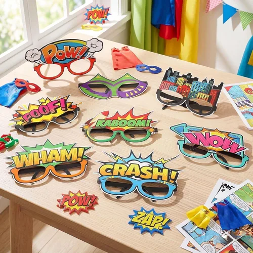 Miniatura 4 de 32 piezas de regalos de fiesta de héroes cómics, gafas de papel para cabina de fotos, accesorios para eventos de cumpleaños, suministros de fiesta