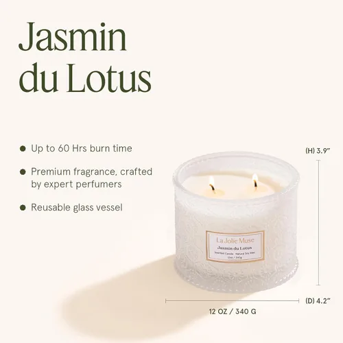 Miniatura 5 de LA JOLIE MUSE Vela Jasmin du Lotus - Hiedra, Jazmín, Madera de cedro Vela grande de cera de soya de 2 mechas de 12 onzas 60 horas de combustión
