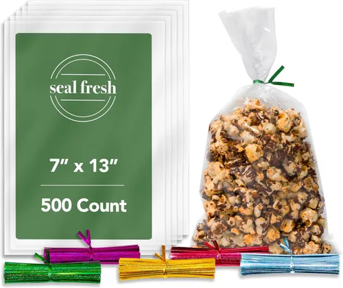 Seal Fresh Bolsas de celofán transparente con lazos holográficos láser, de 4 a 7 x 13 pulgadas (500 unidades), bolsas de celofán, bolsas de