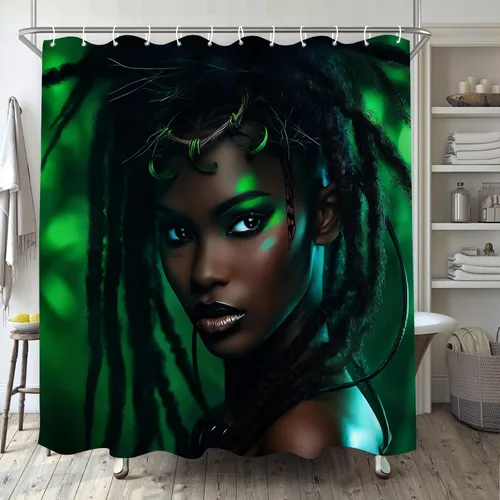 Cortina de ducha para niñas afroamericanas para baño, juego de cortina de ducha bohemia con hojas verdes, tela de selva, decoración de baño moderna