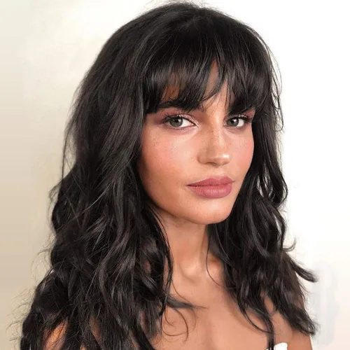 Miniatura 12 de WIGNEE Pelucas onduladas naturales con flequillo, 100% cabello humano brasileño, pelucas onduladas de moda, color negro natural