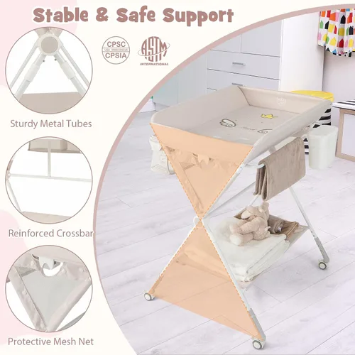 Miniatura 5 de BABY JOY Cambiador portátil para bebé, estación de cambio de pañales plegable con ruedas, altura ajustable, estante de almacenamiento grande