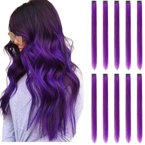 Miniatura 12 de Extensiones de cabello negro con clip, 10 piezas de 22 pulgadas de largo, rectas de colores lisos, accesorios sintéticos, extensiones con clip
