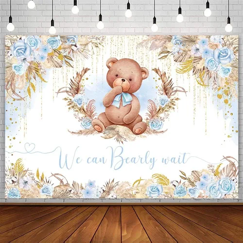 Miniatura 8 de AIBIIN Telón de fondo bohemio para baby shower de 10 x 7 pies para niño, We Can Bearly Wait Oh Baby, fondo de fotografía de flores azul real, hierba
