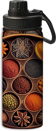 Miniatura 14 de Hermosa botella de agua de acero inoxidable de 18 onzas con patrón circular de mandala dorada, botella de agua deportiva de doble pared aislada al