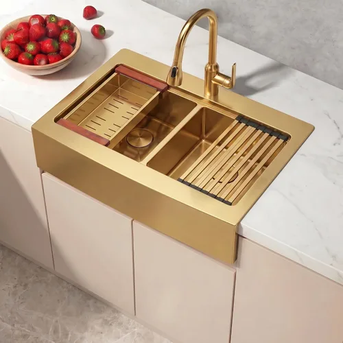 Miniatura 27 de LQS Fregadero de cocina dorado de 32 x 18 pulgadas, fregaderos de cocina empotrados, fregaderos de acero inoxidable de doble tazón 50/50