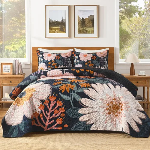 Andency Juego de ropa de cama floral bohemio tamaño Queen, color azul marino, 3 piezas de edredón botánico de verano con flores de granja con 2
