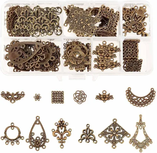 Miniatura 18 de SUNNYCLUE 1 caja de 64 piezas surtidas de lámparas de araña, estilo tibetano, bronce antiguo, atrapasueños, aretes, hallazgos, bucles, conectores